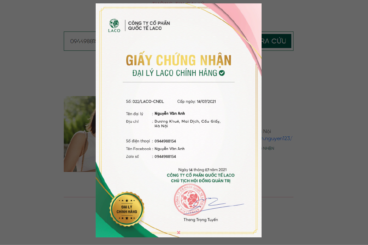 Giấy chứng nhận đại lý chính thức Laco